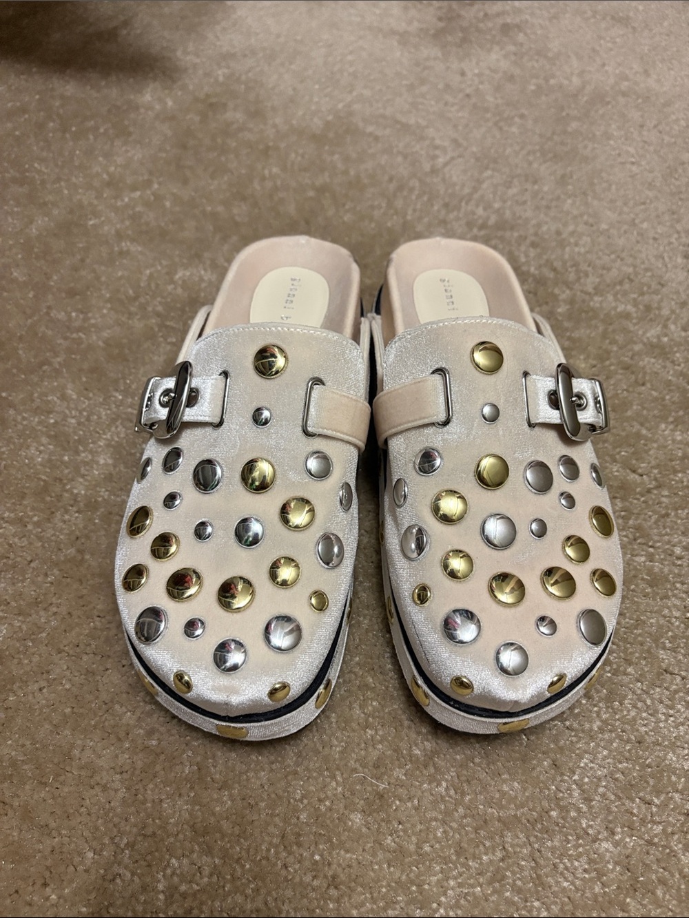 Gianni Bini Cream Slip-On Mules with Mixed Metal Studs